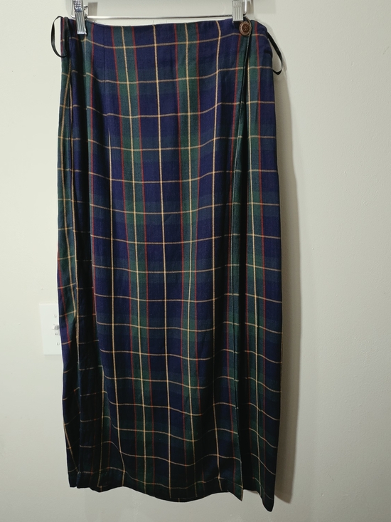 White Stag Dresses & Skirts - Navy & Green Tartan Plaid Cotton Blend Maxi Wrap Skirt Size 10 Preppy Career